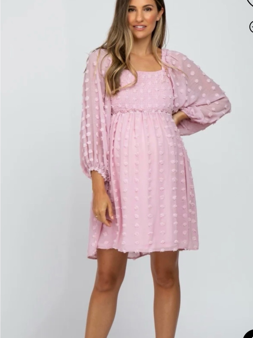 Pink Textured Dot Smocked Square Neck Chiffon Maternity Dress